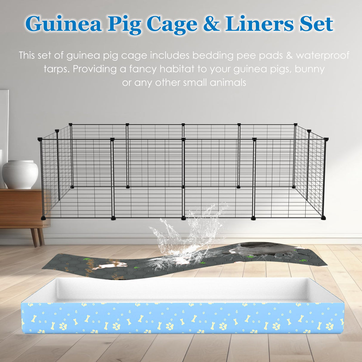 MODESLAB Guinea Pig Cages with Tarp and Bedding Pee Pad Liner, 2-Story Large Guinea Pig Playpen C&C Loft Cage for 2 Rabbit Bunny Chinchilla Small Animal Habitat for Indoor