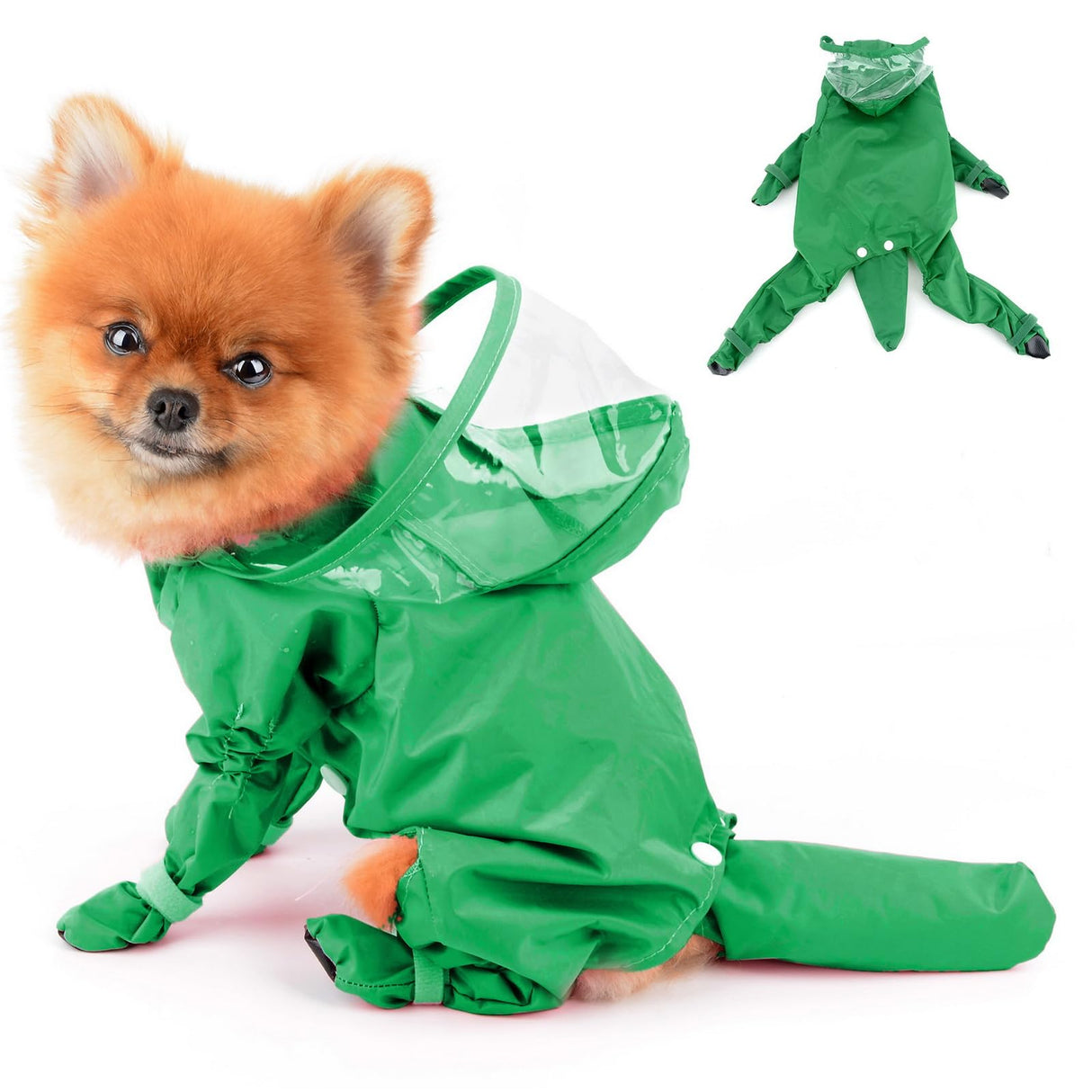 PAIDEFUL Small Dog Full Body Coverage Raincoat Solid Four-Leg Onesie Rain Jacket Waterproof Hoodie Puppy Clothes Button Lightweight Cats Costume, Green, XXL