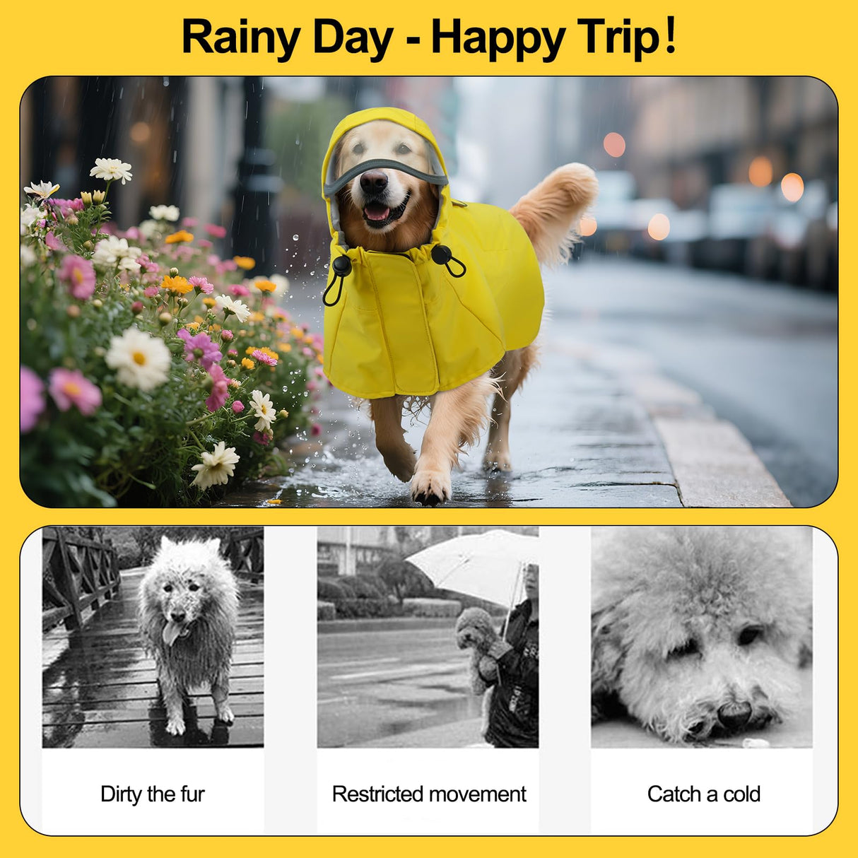 DENTRUN Waterproof Dog Rain Jacket with Hood for Golden Retriever, Husky – Extra-Long Coverage for Heavy Rain, Beach Trips, Dog Parks – Magic Tape & Mesh Lining, XXL