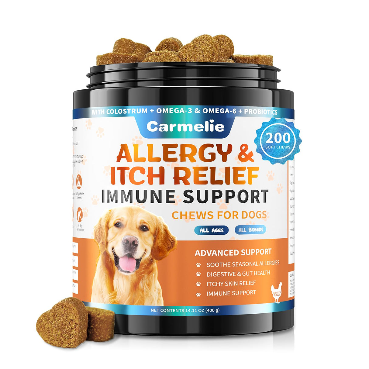 Carmelie Dog Allergy Chews 200 Chews - Dog Itching Skin Relief Support - Omega 3 Probiotics for Dogs - Itchy & Paw Licking Relief, Seasonal Allergies, Skin & Coat Immunity Supplement - Chicken Flavor