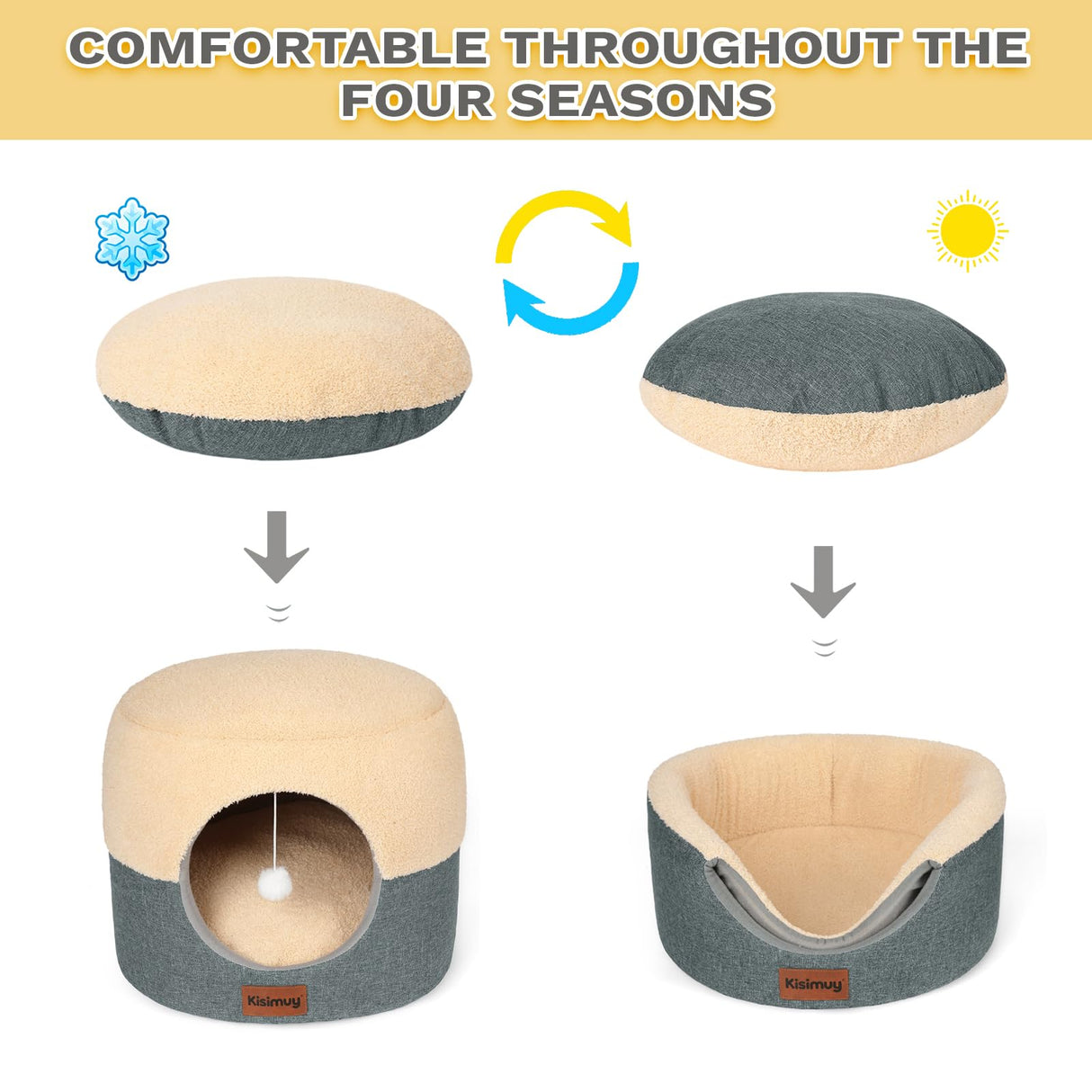 Cat Cave Bed for Indoor Cats, 2-in-1 Convertible Cat House & Lounge with Reversible Plush Cushion – Calming Anti-Anxiety Anti-Slip Pet Bed for Small Dogs & Kittens, Cozy Hideaway Tent, 19.7 inches