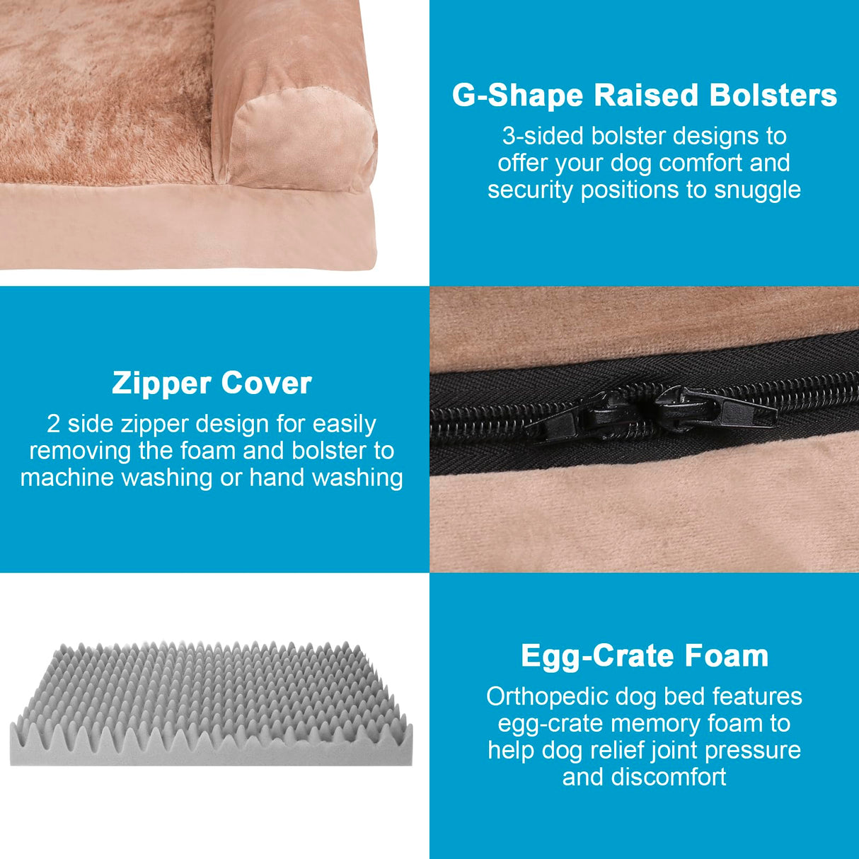 Orthopedic Bolster Dog Bed, Waterproof Lining Dog Bed with Egg-Crate Foam Sofa, Non-Slip Bottom Dog Couch with Washable Removable Cover for Medium Large Extra Cat Dog (35x25x7.1 inches, Brown)