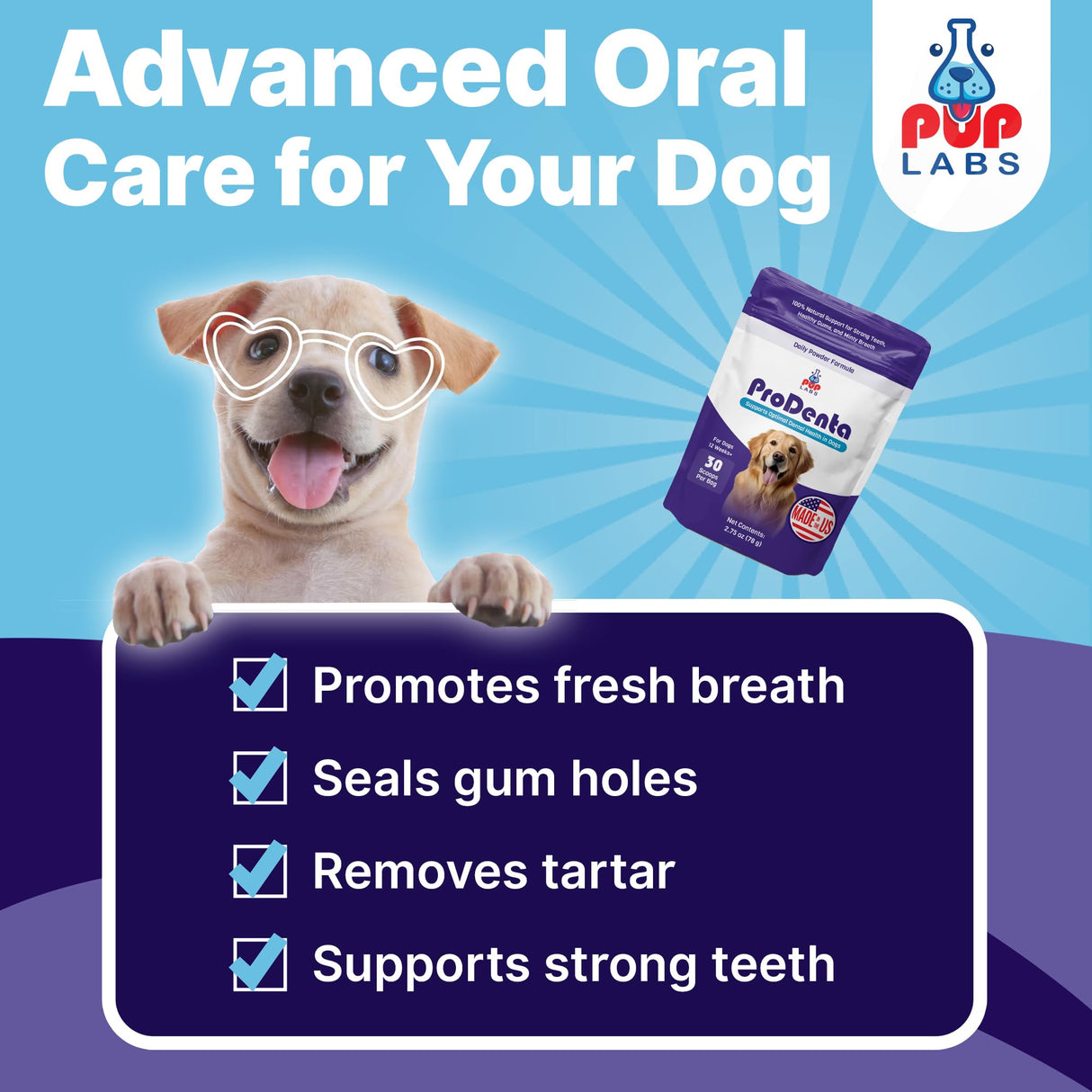 Pup Labs ProDenta, All-Natural Dog Dental Powder for Teeth Cleaning, Dental Powder for Dogs Teeth with Breath Freshener. Easy to use for Tartar Removal and Leaky Gums. Made in USA, 30 Servings