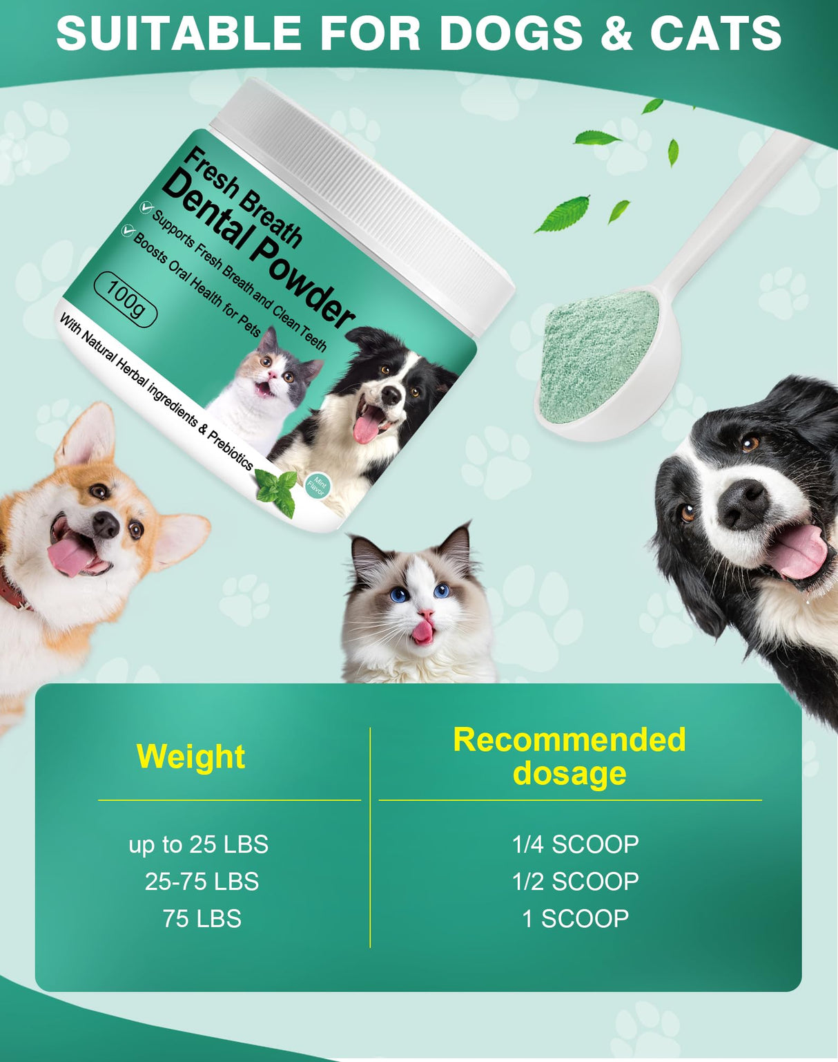 Koite Dog Teeth Cleaning Powder 100g Mint Fights Plaque & Tartar Freshens Breath All-Natural Ingredients for Dogs of All Breeds and Ages Easy to Use Dog Dental Powder E