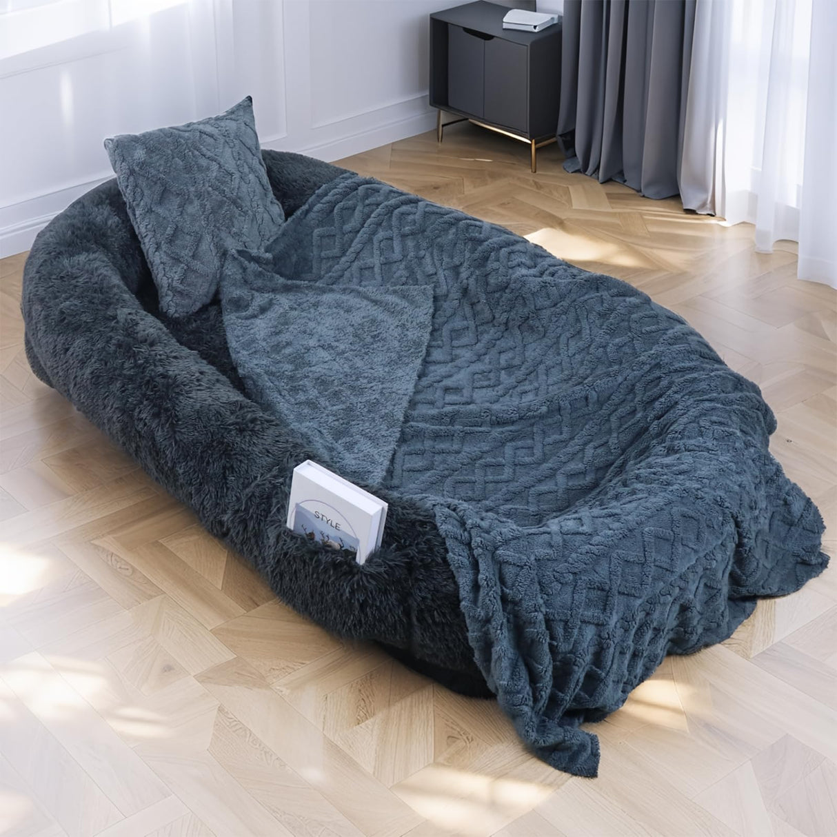Human Dog Bed - 71''x45''x12'' Size Fits You and Pets, Washable Faux Fur Pet Bed for People Doze Off, Napping Orthopedic Dog Bed, Present Plump Pillow, Blanket, Strap - Dark Grey