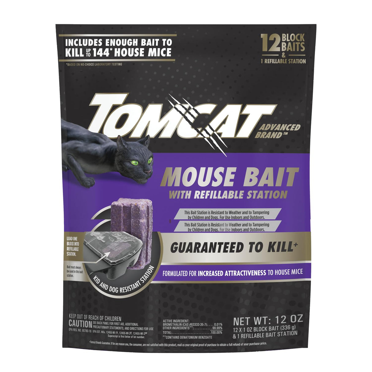 Tomcat Advanced Brand Mouse Bait with Refillable Station, Indoor and Outdoor Use, 1 Station and 12 Poison Block Refills