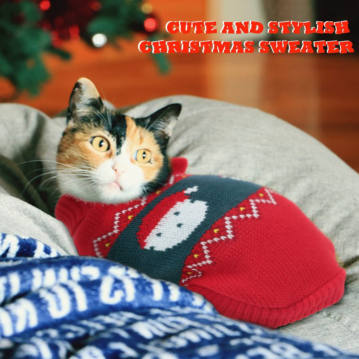 Rypet 2 Packs Cat Christmas Sweater - Puppy Christmas Sweater Pet Turtleneck Knitwear with Reindeer Santa Claus Pattern Sweaters for Kitten and Small Dogs XL