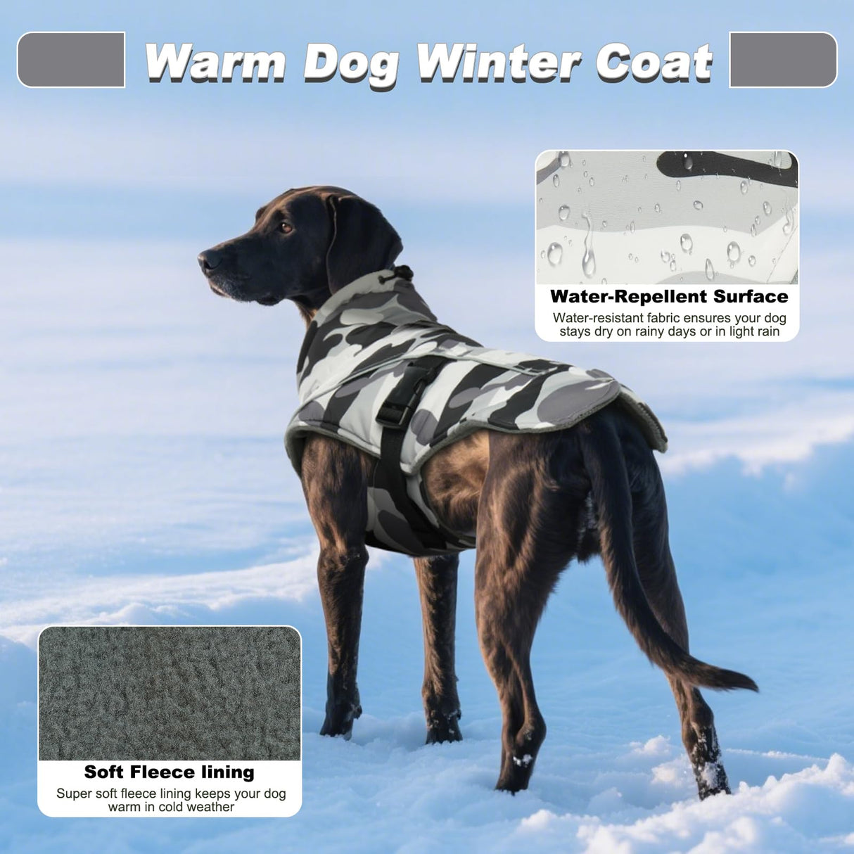 DENTRUN Extra Large Warm Dog Jacket - Windproof Water Repellent Reflective Coat, Adjustable Plush Turtleneck, Easy Wear Fleece Lined Cold Weather Vest for Great Dane, White Camo, XXXL