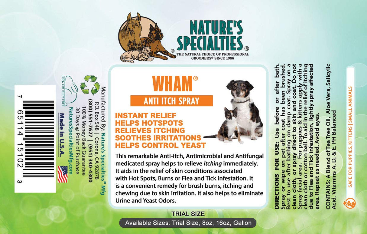 Nature's Specialties Wham Anti-Itch Medicated Dog Spray for Pets, Ready to Use, Instant Relief, Soothing, Sensitive Skin, Scratching, Made in USA, 16 oz