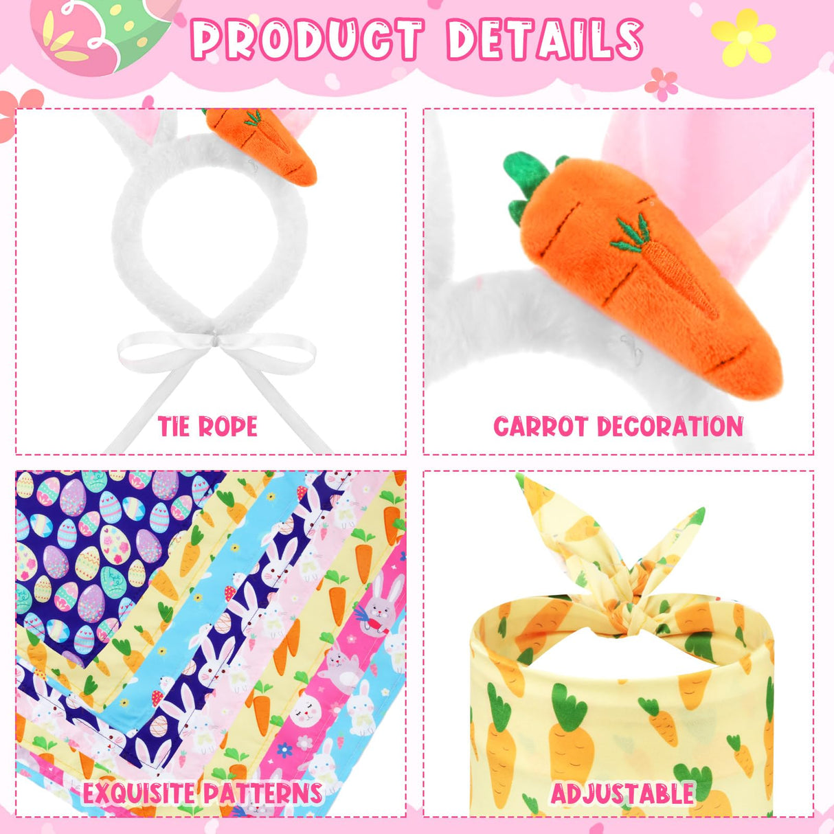 SilTriangle 16 Pack Dog Easter Outfit Including 8 Bunny Ears Headband and 8 Easter Dog Bandana Four Colors Bunny Ears Pet Bandana with Different Patterns