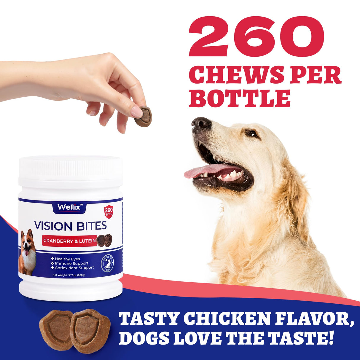 260 Bites Wellix Vision Chews - Dog Tear Stain Remover & Eye Supplement with Cranberry Extract, Lutein, Taurine, Marshmallow Root, Vitamin for Puppy, Small Medium & Large Dogs