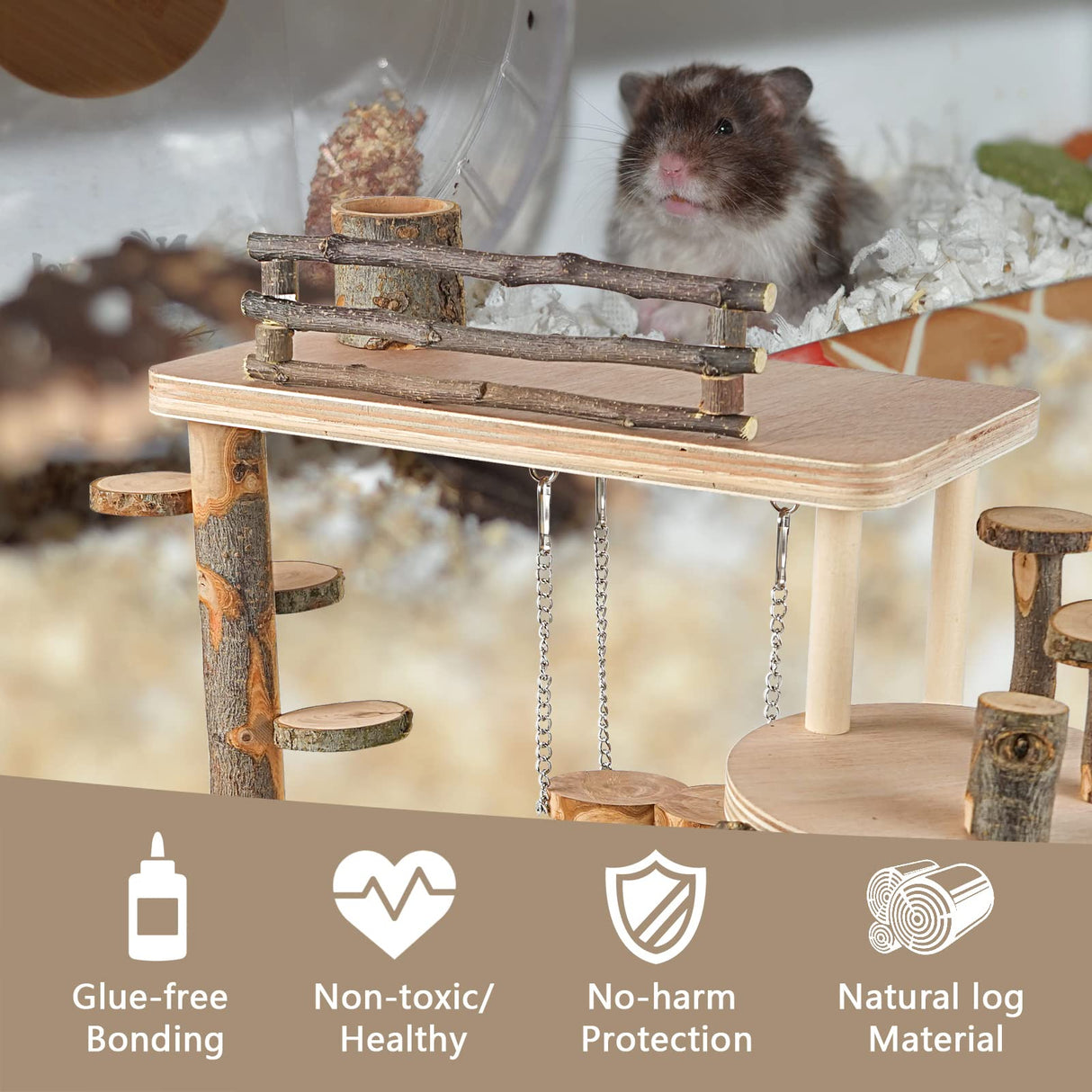 VolksRose Wooden Hamster Playground Platform, Hamster Climbing Toy, Natural Living Climb System, Small Animals Activity Set with Ladder Food Bowl Ramp Bridge for Mouse Gerbil Rat Chinchilla