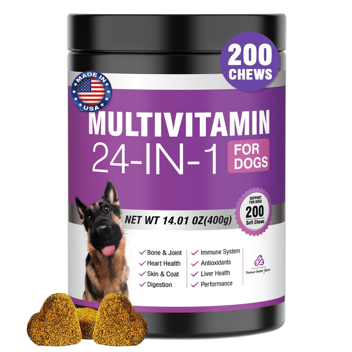 24-in-1 Dog Vitamins and Supplements 200 Ct Dogs Multivitamin Chewable Contain Chondroitin Probiotics Omega-3 Glucosamine for Dogs Skin Coat Heart Joint Gut Liver Brain Immune Support - Peanut Butter