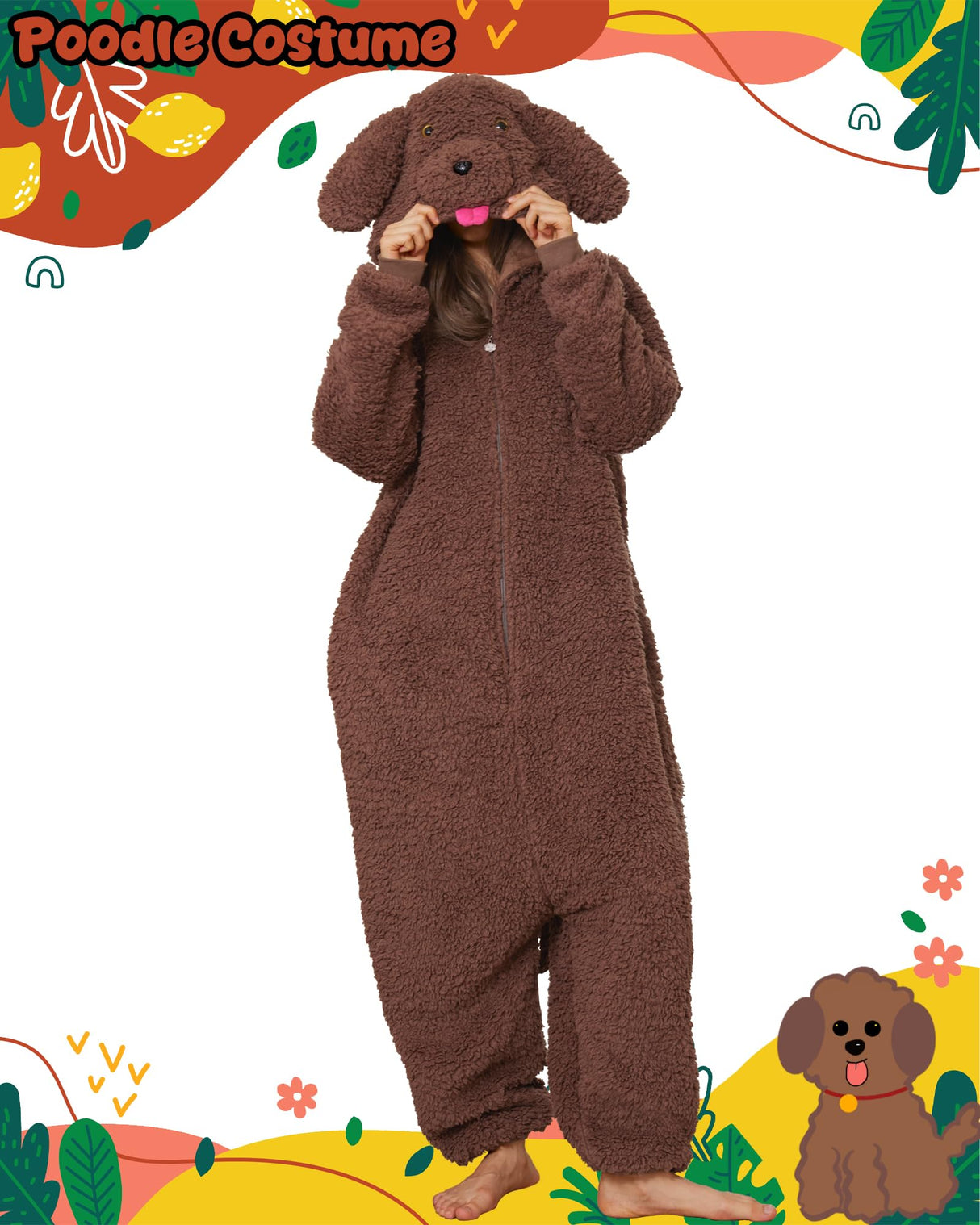 Hrxcrzco Unisex Poodle Dog Onesie Pajamas Cute Puppy Dog Costume Adult Halloween Animal Cosplay Costume Sleepwear Homewear, Dark Brown L