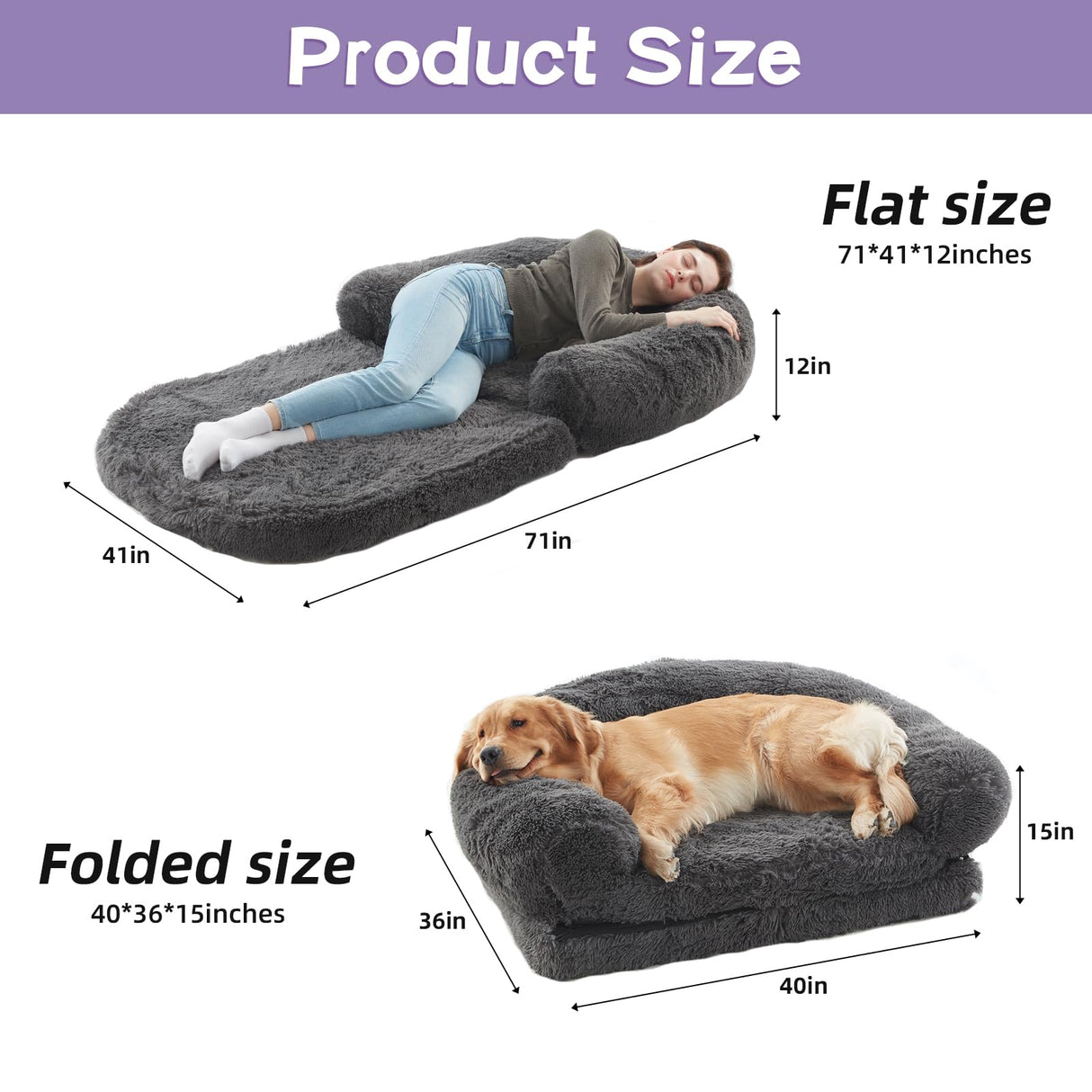 Foldable Man Dog Bed, Orthopedic Memory Foam Man Size Dog Bed, Large pet Bed, Artificial Fur Adult pet Sofa, Gray, 71 "x41 x12“