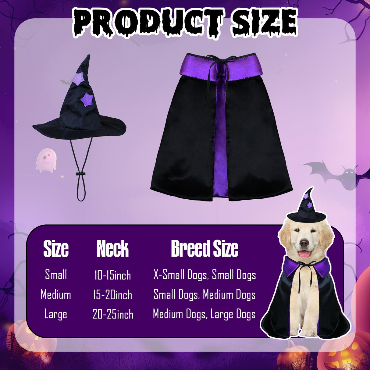 PAYHTOW Dog Halloween Costumes, Dog Witch Costume Funny Pet Witch Cloak Cape Wizard Hat Holiday Outfit Clothes Halloween Costumes for Small Medium Large Dogs Pets (Medium)