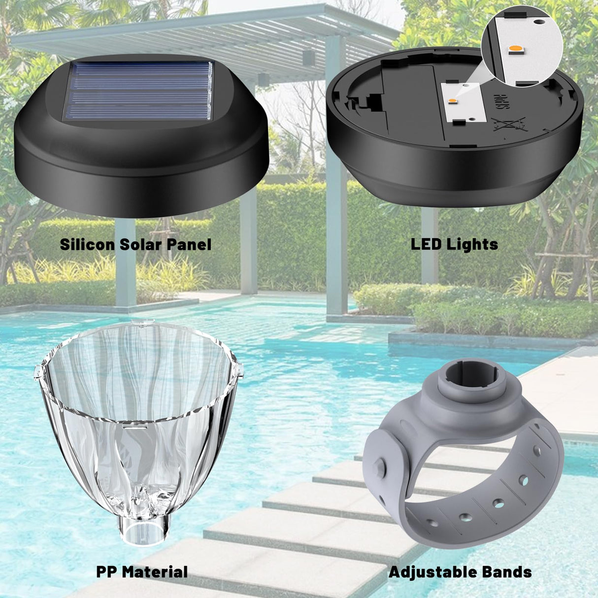 JEMULICE Solar Pool Lights for Above Ground Pools, LED Energy Saving Warm White Light, Waterproof for Frame Swimming Pools Night Accessories(4 Pcs)