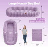 ChiXnuggle Human Dog Bed for Adult - Luxury Striped Faux Fur Giant Dog Bed with Portable Handle, Egg Orthopedic Foam Pad with Thick Blanket, 72"x40"x10", Purple