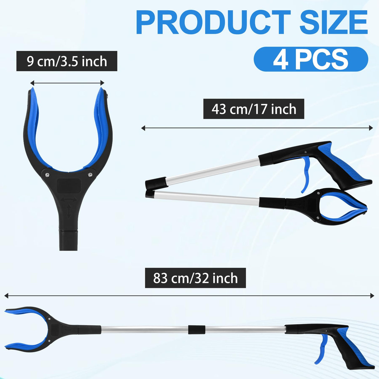 Tottist 4 Pack Grabber Reacher Tool for Elderly, 32" Extra Long Litter Stick Lightweight Handy Claw Grabber for Arm Extension Garbage Gripper Trash Pick up Litter Picker Garden(Blue Classic)