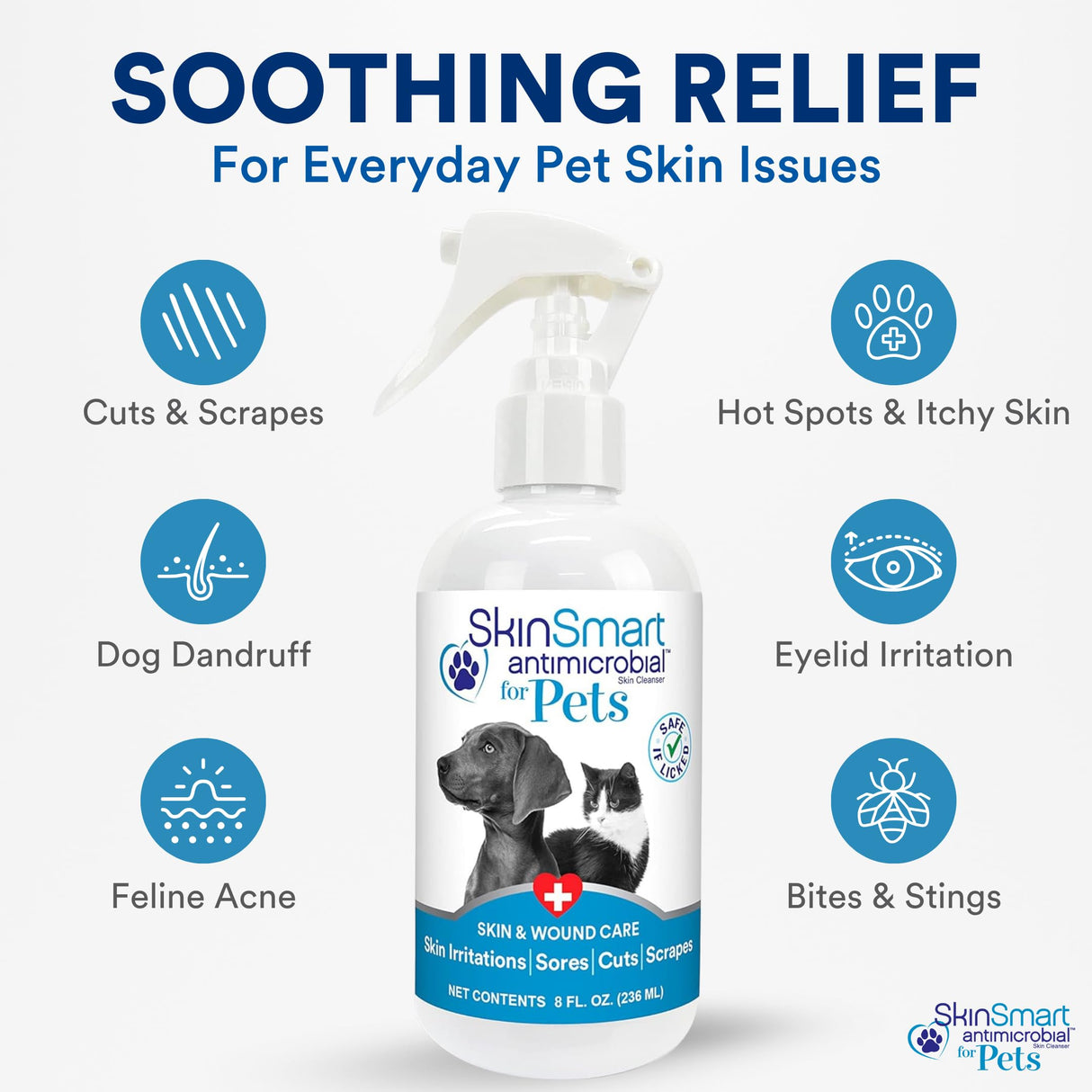 SkinSmart Antimicrobial Wound Care for Pets, Hypochlorous Acid Removes Bacteria to Promote Healing and Relieves Itch, Safe if Licked, 8 Ounce Spray Bottle