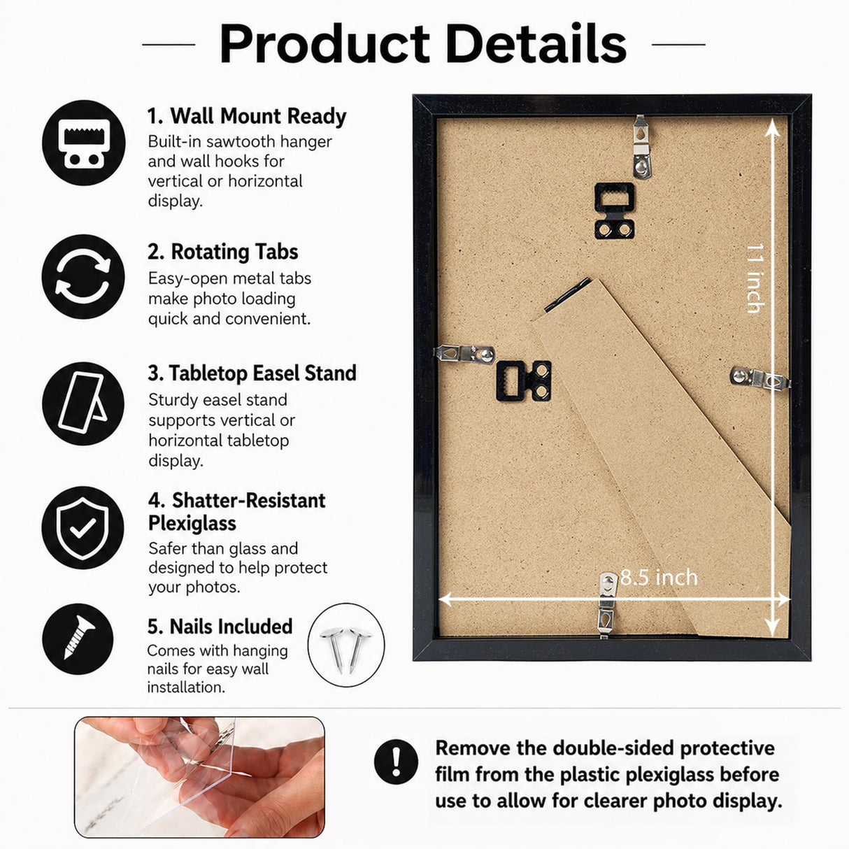 8.5x11 inch Picture Frame Black for Certificate Poster and Photo, Horizontal and Vertical Formats for Wall Hanging or Tabletop, 8.5x11 Frame with Shatter Resistant Plexiglass, Black