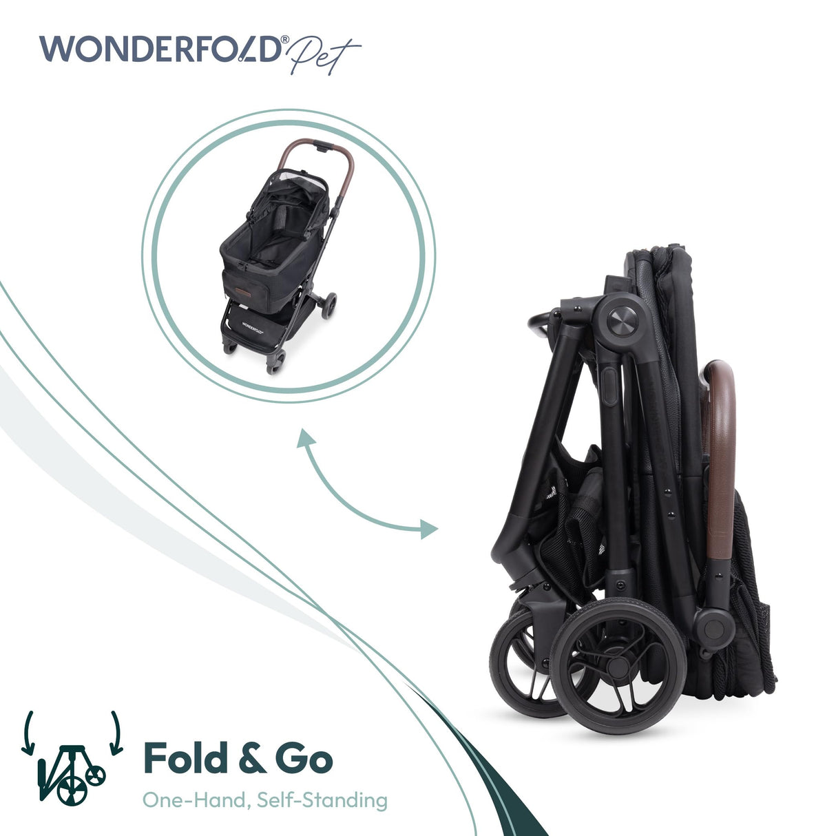 WonderFold Bella Pet Stroller - Autofold Design with Lightweight Aluminum Frame, Breathable Carriage Fabrics and Canopy, Safety Tethers & Easy-Clean Interior - Graphite Black