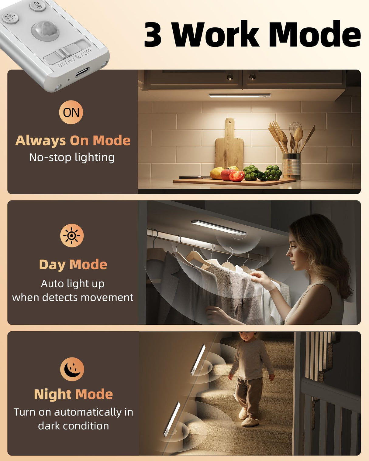 10inch Under Cabinet Lighting, 2500mAh Rechargeable Motion Sensor Lights Indoor with 3 Color Temps, 2 Pack Magnetic Closet Light, 80 LED Dimmable Under Counter Lights for Kitchen, Shelf, Stair