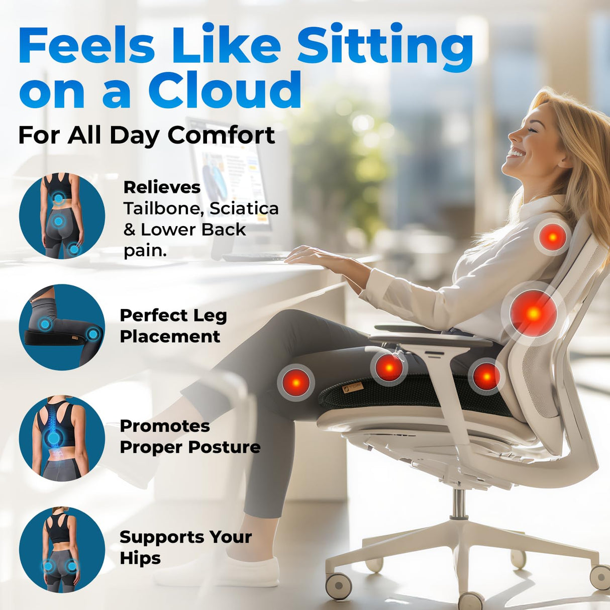 TOP COMFORT Seat Cushion, BodySync™ Technology with Non-Slip Gel & Memory Foam for Tailbone, Sciatica & Back Pain Relief, Office Chair Cushion, Car Seat Cushions for Driving (Black)