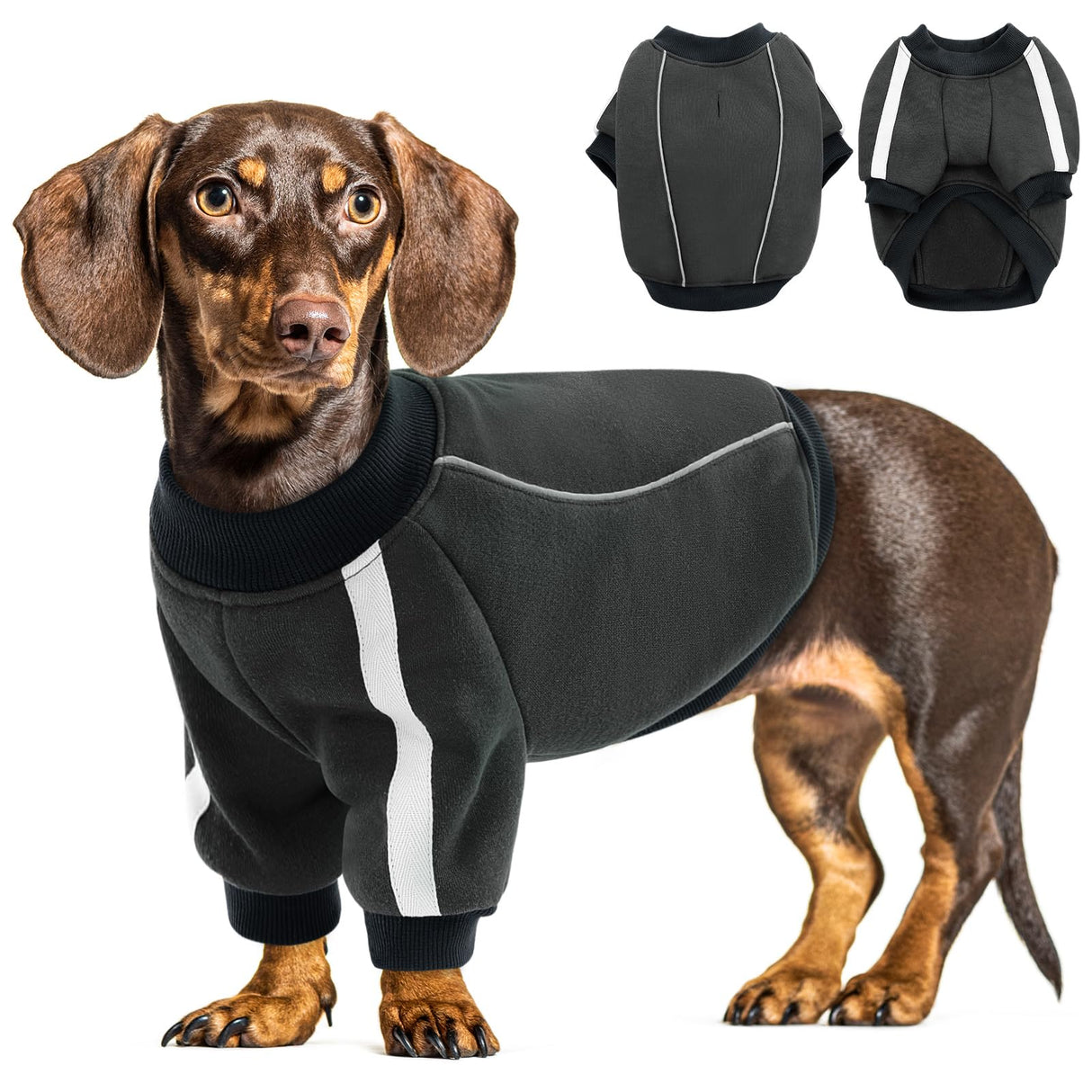 Queenmore Fleece Dog Sweater for Male Dogs, Soft Pullover Dog Sweatshirt with Leash Hole/Reflective Stripes – Cozy Winter Fleece Jacket for Small Medium Large Boy Puppy, Grey XS