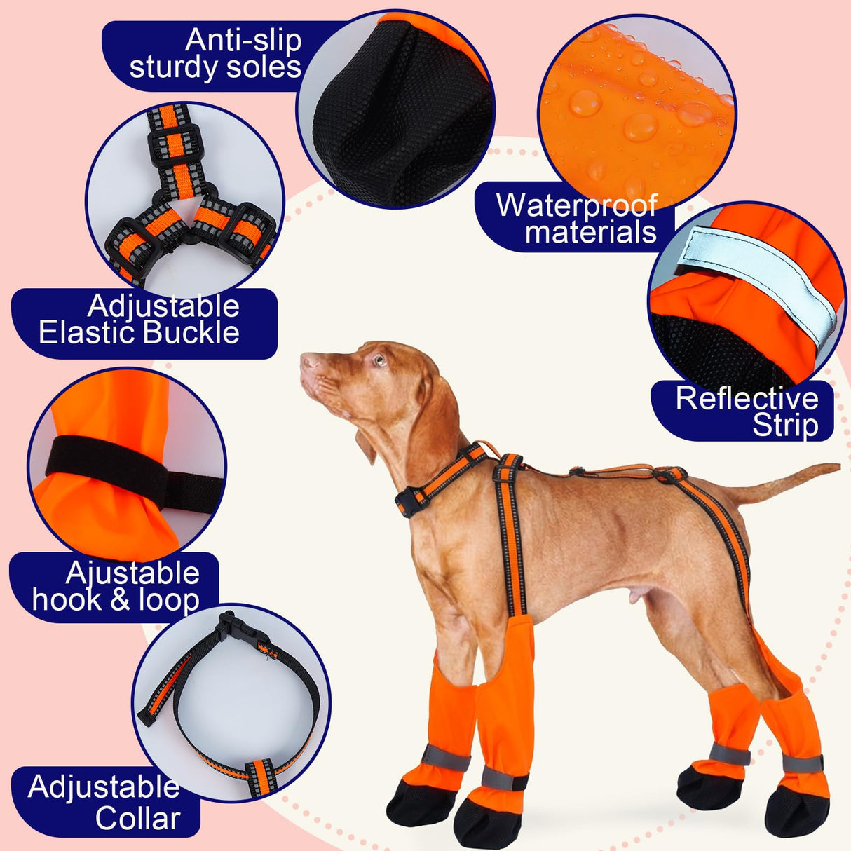 SeranPup M Orange Stay-On Suspender Dog Boots | Anti-Slip Waterproof | Adjustable Dog Shoes Paw Protector for Medium Dogs Outdoor Walking Hiking