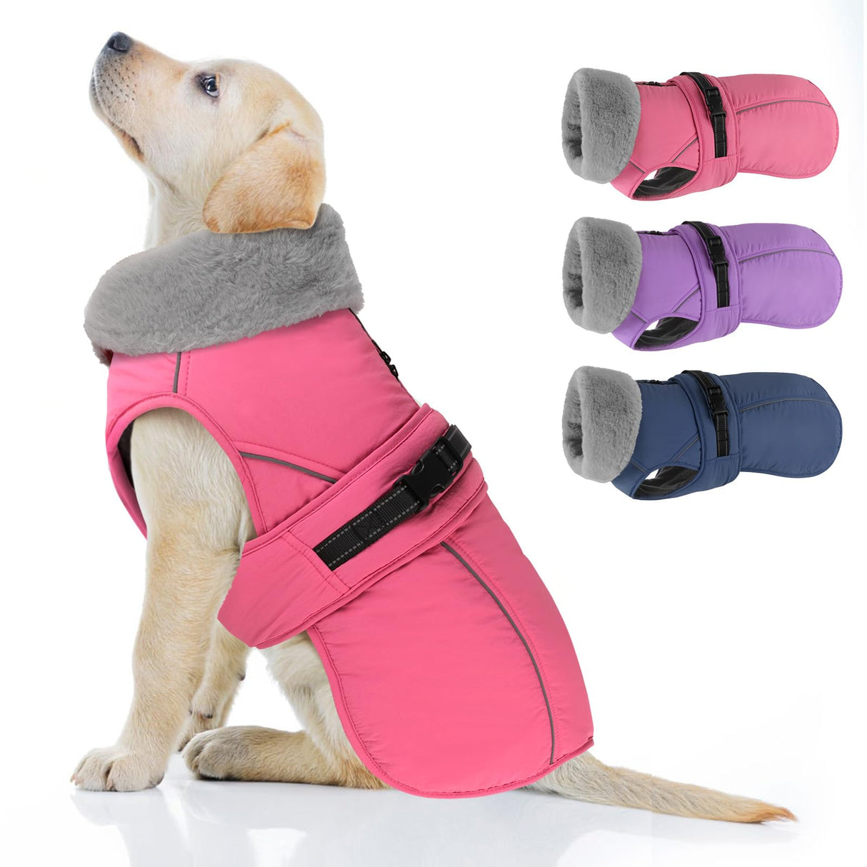 PETDSH Dog Coat Small, Windproof Dog Jacket with Warm Fleece Lining, Thickened Collar Dogs Winter Coat, Adjustable Reflective Pet Coats for Cold Weather (Pink, Small)