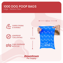 Load image into Gallery viewer, Downtown Pet Supply Poop Bags for Dogs with Dispenser, 1000 Count - Leak-Proof Dog Waste Bags and Bone-Shaped Dog Poop Bags Holder for Leash - Rainbow with Paw Prints, 12.5" x 8.5"
