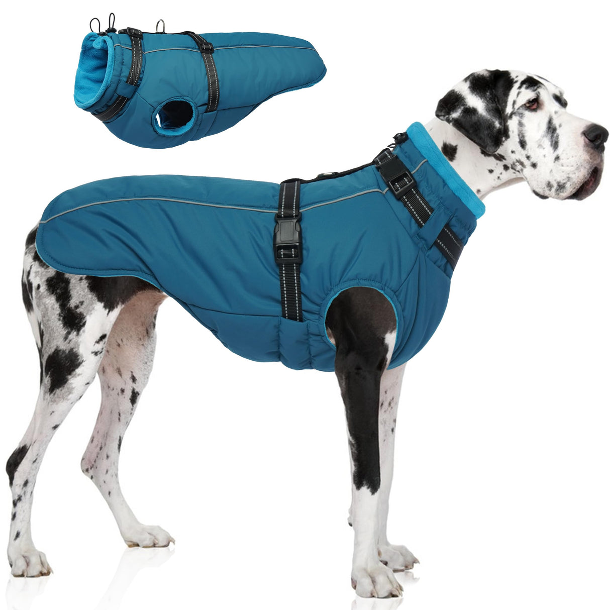 PUMYPOREITY Snow Jacket for Large Dogs Waterproof, Warm Dog Winter Coat with Harness Built in, Fleece Jacket with Back Zipper, Cold Weather Coats for Outdoor, Windproof Pet Snowsuit, Blue, 3XL