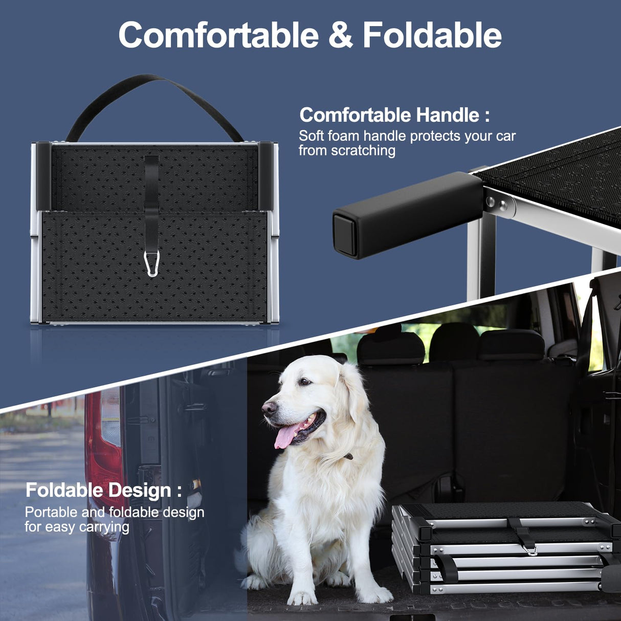 PetRuna Extra Wide Dog Stairs for Large Dogs, Foldable Dog Ramp for Car with Non-Slip Surface, Dogs Stairs for Cars, High Beds, Truck, Supports up to 250 lbs, 4 Steps