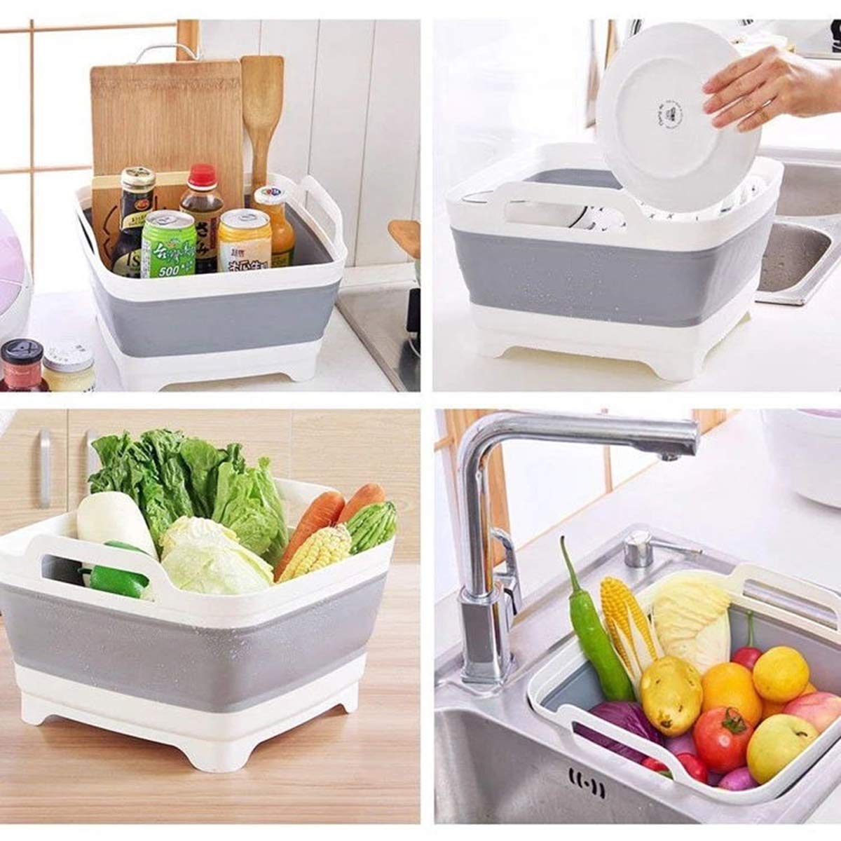 9L (2.4Gal) Dish Basin Collapsible with Drain Plug Carry Handles,Kitchen Storage Tray Dish Wash Basin, Portable Dish Tub, Foldable Dishpan for Camping,RV,Gray