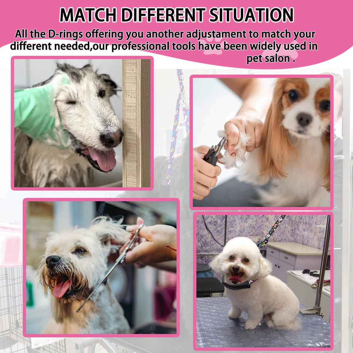 Dog Grooming Belly Straps – Adjustable Grooming Loops with Cute Paw & Bone Pattern Pet Grooming Belly Support Band Table Accessories for Small Medium Large Dogs(Light Pink)