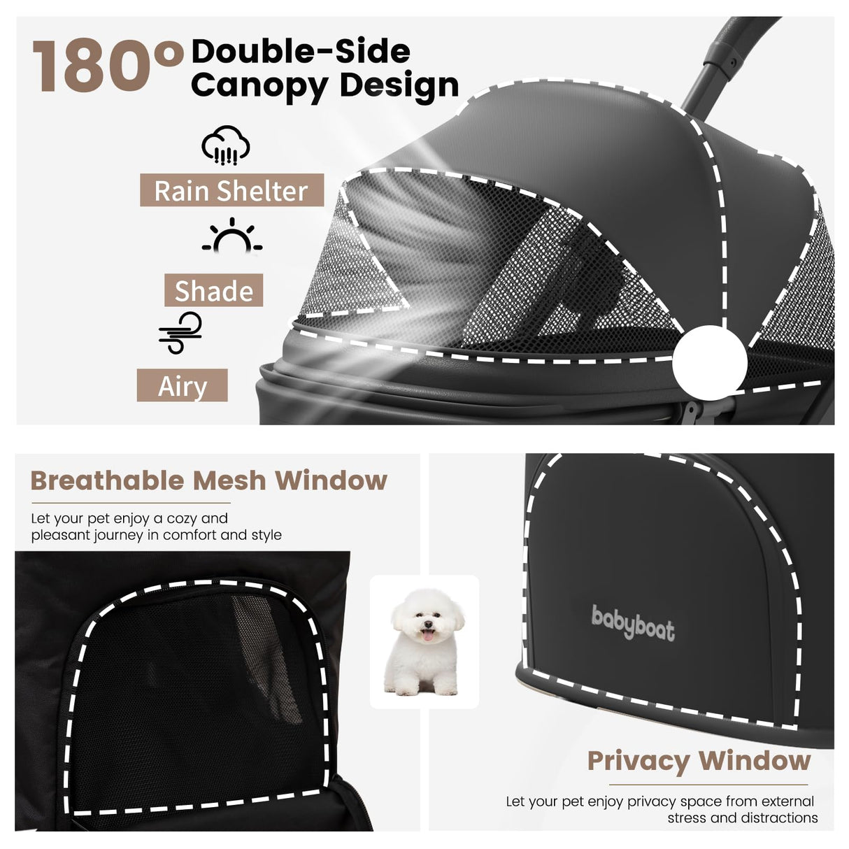 Foldable Dog Stroller for Small Dogs & Cats Portable Compact Pet Stroller Up to 35lbs Medium Pets One Click Folding Large Cat Carriage with Convertible Canopy Storage Basket - Black