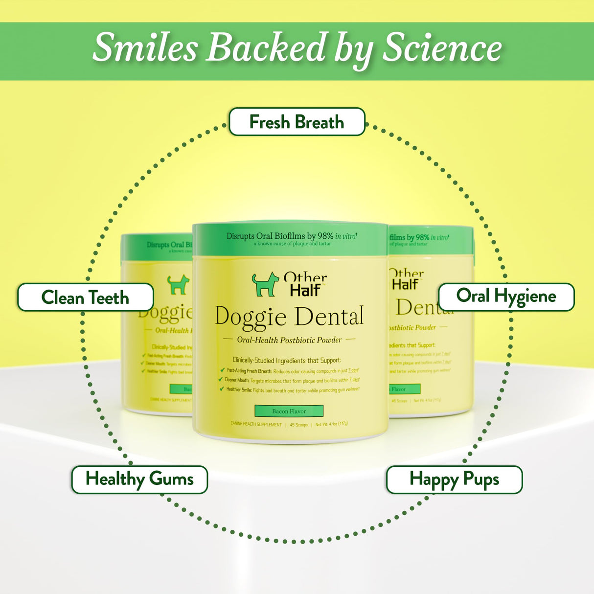 OTHER HALF Doggie Dental Supplement Powder - Dog Breath Freshener & Teeth Cleaning Made Easy - Oral Health Postbiotic for Dogs - Targets Tartar, Plaque & Bad Breath | 45 Scoops, Bacon Flavor