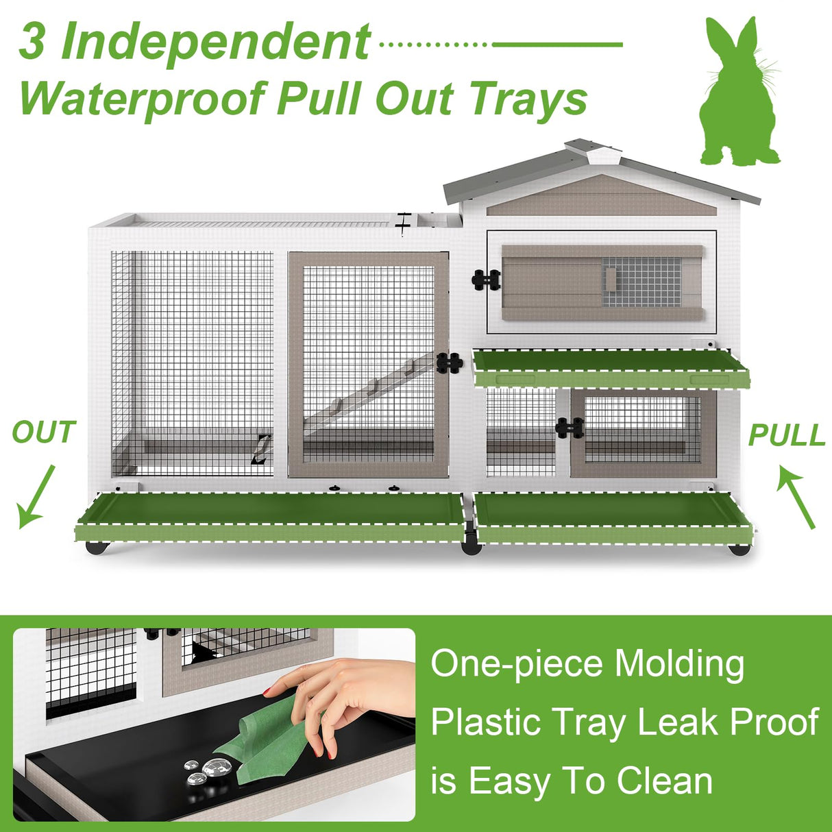2 Story Rabbit Hutch Outdoor Indoor, Wooden Bunny Cage with 6 Lockable Wheels, 3 Removable No Leakage Pull Out Trays, Chew-Proof Ramp & Waterproof Roof, Ideal for Rabbit & Guinea Pig