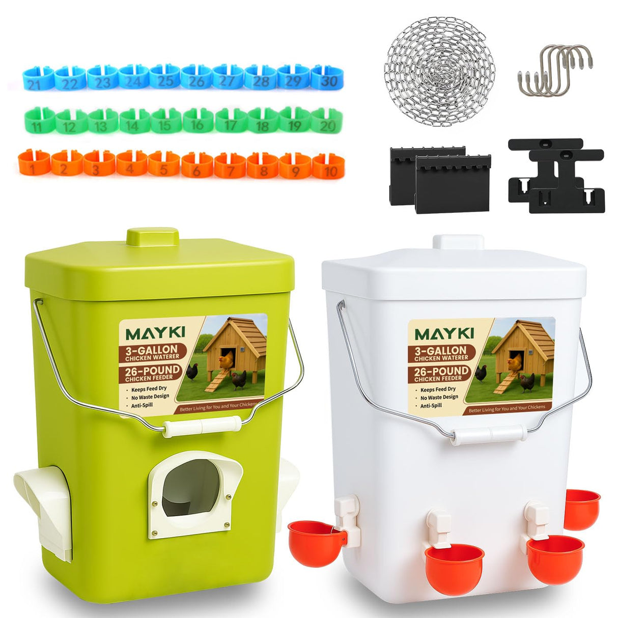 MAYKI Chicken Feeder and Waterer Set, 3 Gallon/26 LB No Waste Poultry Feeding System with Hanging Option, Automatic Coop Accessories for 10 Hens, Upgraded Feeder Port Water Cup, BPA-Free Winter Design