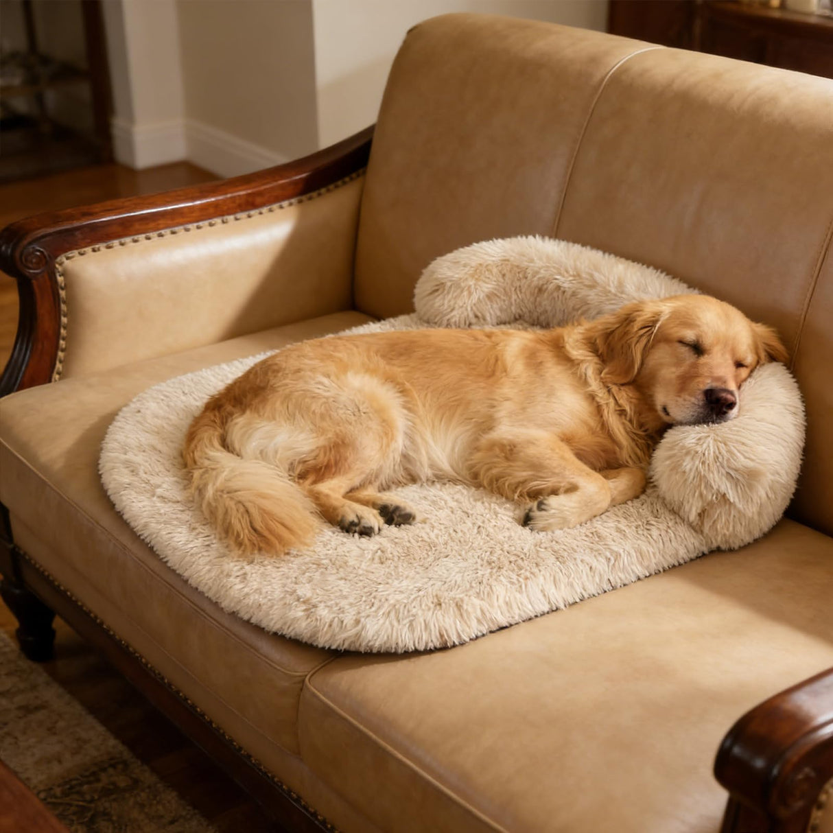 Doimier Calming Dog Beds for Medium Large Dogs, Orthopedic Cushion Plush Large Pet Bed Lounge with Washable Cover, Anti-Anxiety Soft Fluffy Faux Fur Fits up to 60 lbs Pets (Oval, Beige 40"x30")