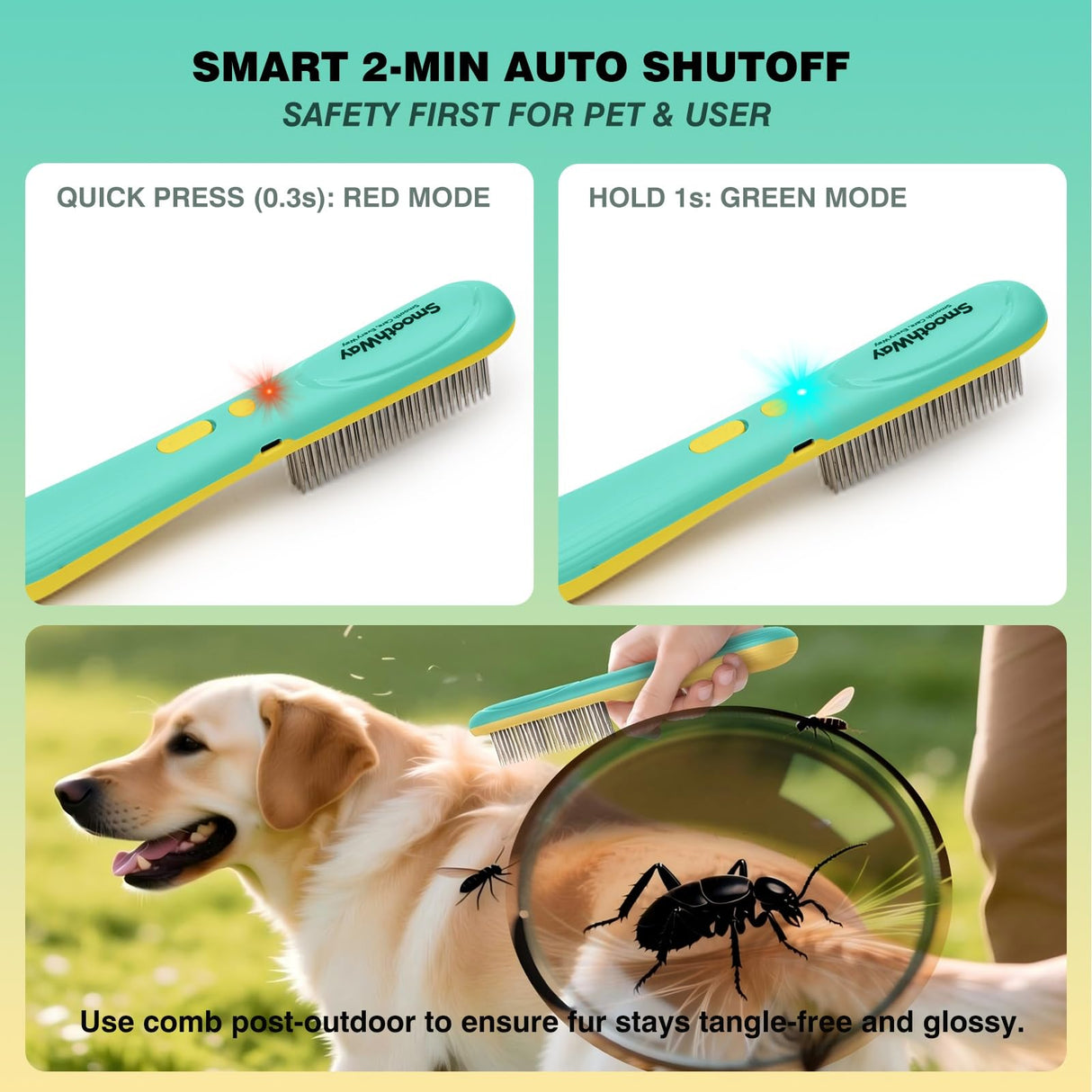 Professional 3-Row Tick & Flea Comb for Dogs & Cats - Stainless Steel Teeth with Negative Ion Anti-Static | Detangling Grooming Tool for Poodles, Shih Tzus & Long Haired Pets (One Size)