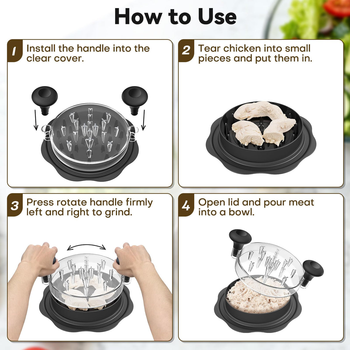 10" Pro Chicken Shredder Tool Twist Large for Kitchen, BPA-Free Food-Safe Meat Grinder, Visible Chicken Breast Meat Shredder with Strong Anti-Slip Bottom & Ergonomic Handle, Black