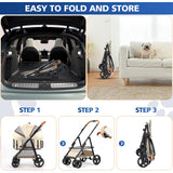 4 Wheels Pet Stroller for Small/Medium Dogs and Cats,Dog Stroller with Detachable Carrier and Storage Basket,One Click Folding, Compact Portable,Up to 50lbs,3 in1 Multifunctional(Khaki)