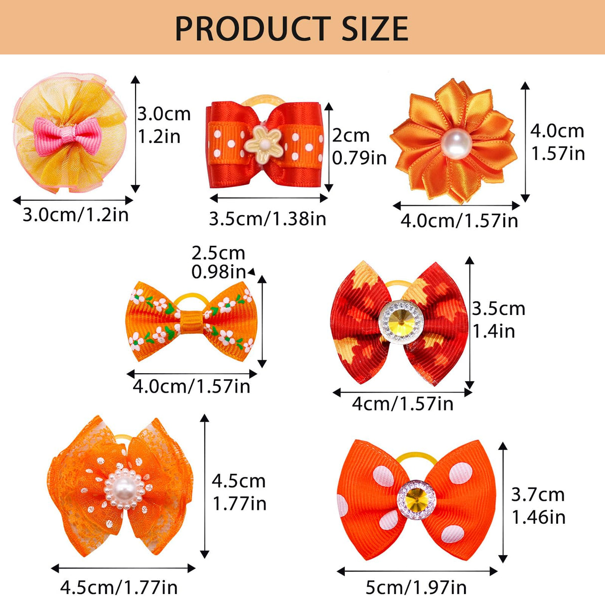 Mruq pet 100pcs Fall Pet Small Dog Hair Bows with Rubber Bands, Bulk Thanksgiving Orange Puppy Dog Grooming Bows, Handmade Pearl and Rhinestones Yorkie Dog Bows for Festival Dog Hair Accessories