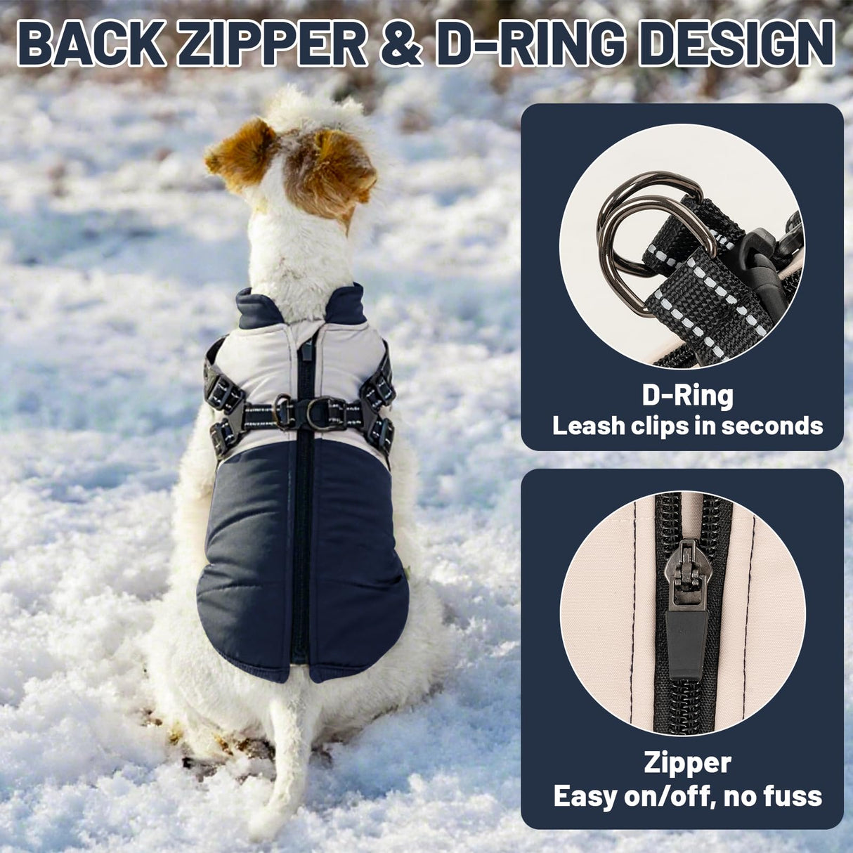 COOHAMS Dog Winter Coat for Small & Medium Dogs, Waterproof Dog Coat with Harness, Puppies Windproof Puppy Puffer Jacket, Snowsuit for Dachshund, Frenchie, Corgi (Classic Blue,XL)