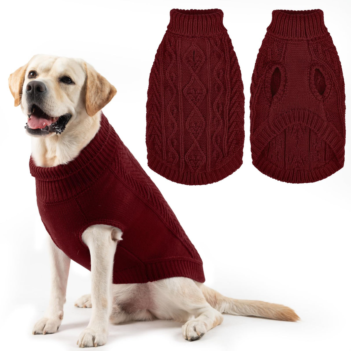 PUPTECK Dog Sweater, Turtleneck Warm Knitted Pullover Coat, Thick Cable Knitwear Clothes in Winter, Pet Apparel Outfits for Large Dogs, for Cold Weather Indoor & Outdoor, Deep Red L