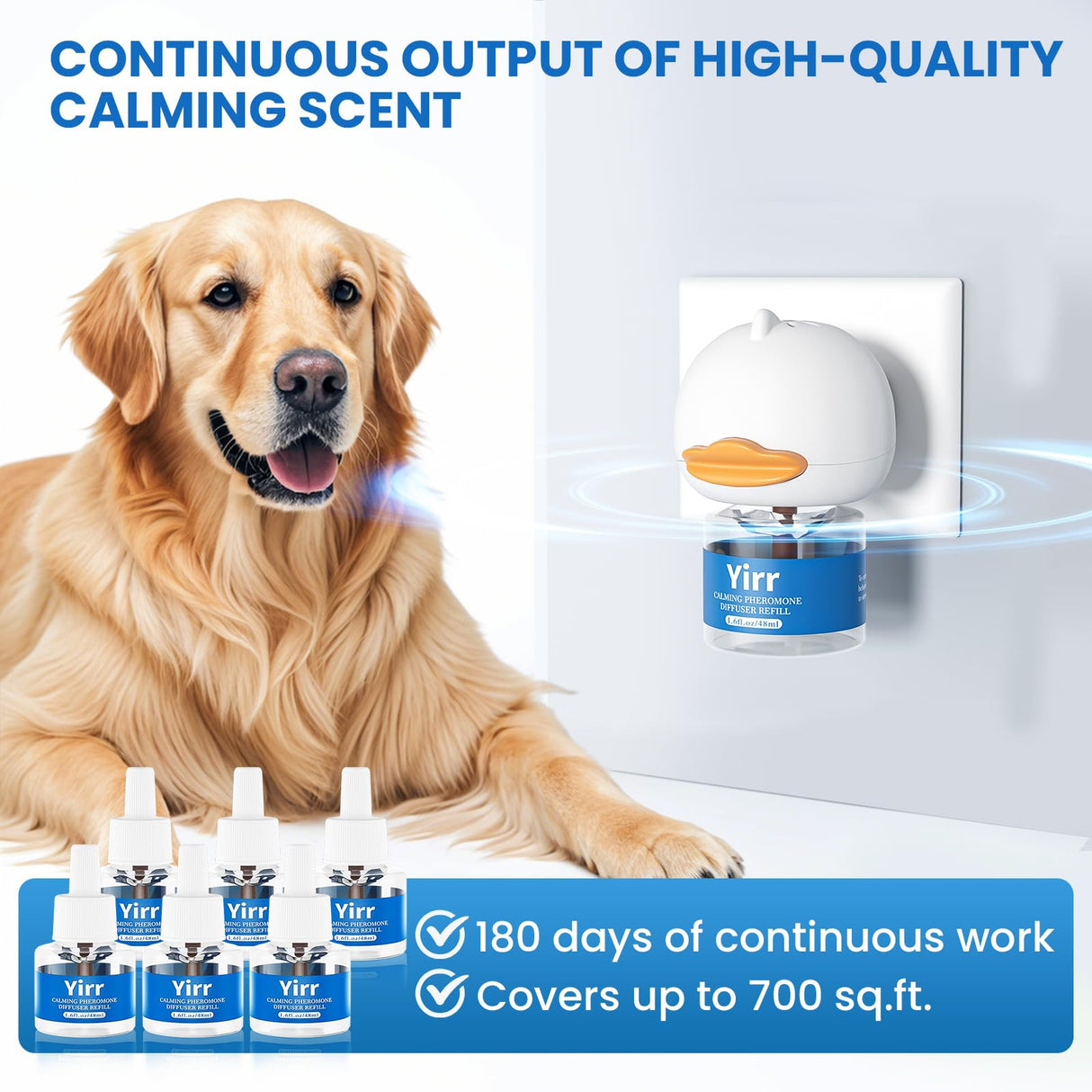 Yirr Dog Calming Diffuser, 8 in 1 Dog Pheromones Calming Diffuser, Relaxing Pheromone for Dogs Relief Stress Anxiety Reduce Aggression Barking, Help Train Dog to Pee, 2 Diffuser 6 Refill(48ml)