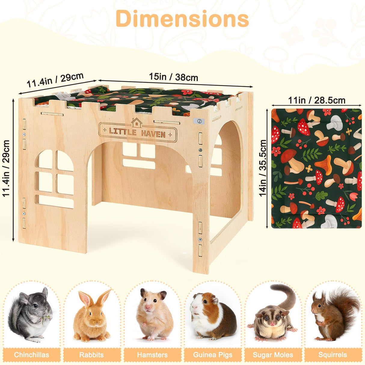 Glittme Wooden Rabbit Castle Hideout - Large Indoor Bunny House & Guinea Pig Hut with Roof Platform Bed Enrichment Cage Accessories for Chinchilla Ferret (Mat Included)