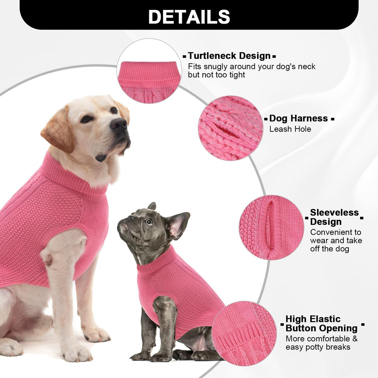 K9meme Large Dog Sweater, Classic Cable Knit Warm Dog Sweatshirt with Reflective Yarn for Girl Boy, Halloween Fall Winter Coat Turtleneck Pullover Clothes Apparel for Small Medium Large Dogs (Pink L)